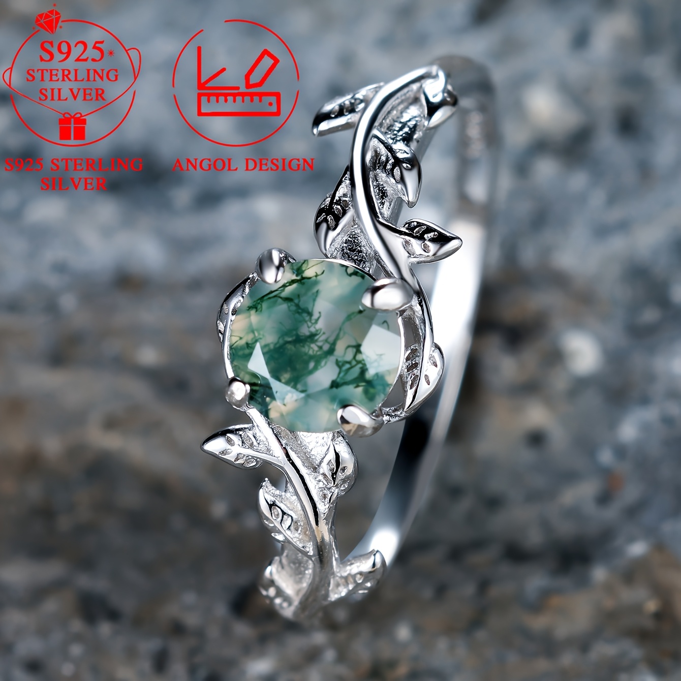 Women's S925 Sterling Silver Round Water Grass Agate Leaf Ring
